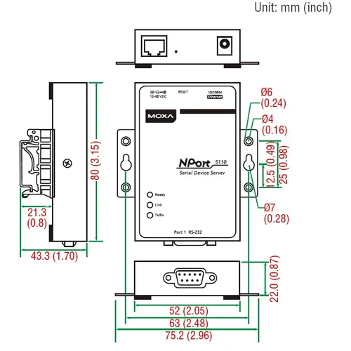 NPort 5150 1-портовый асинхронный сервер RS-232/422/485 в Ethernet MOXA